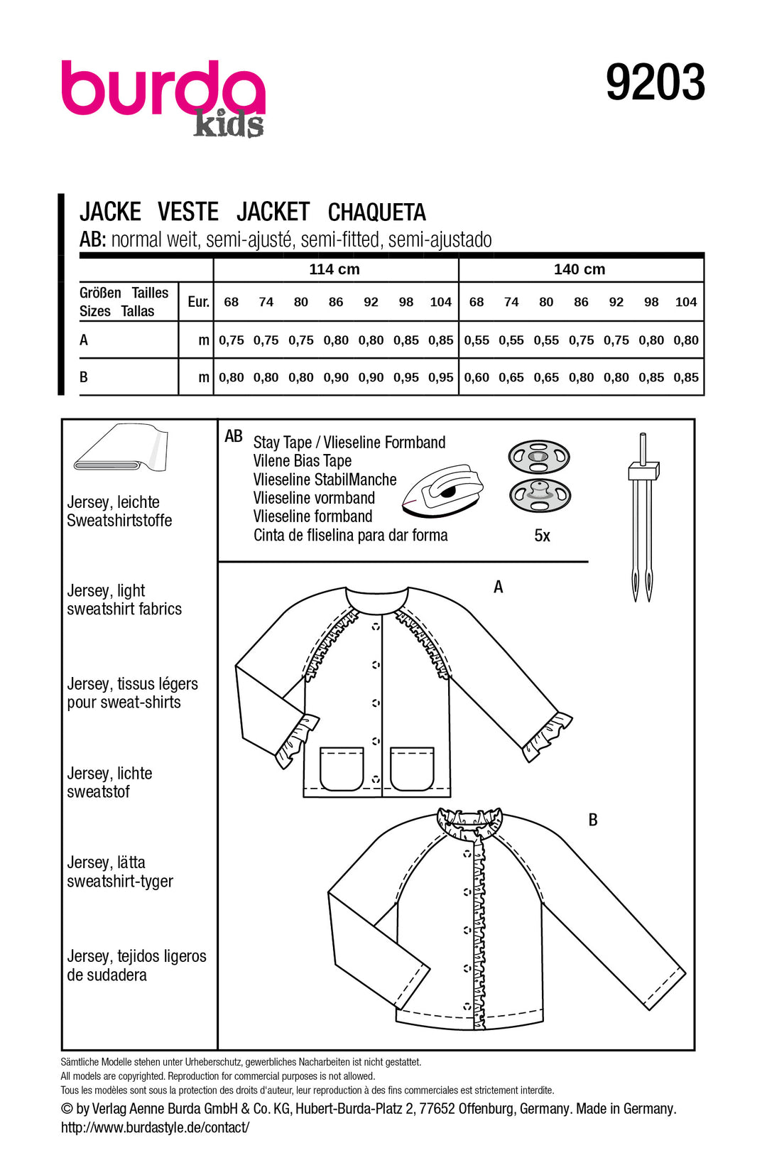 Burda Schnittmuster 9203 – Baby Jacken mit Rüschen