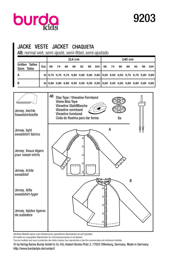 Burda Schnittmuster 9203 – Baby Jacken mit Rüschen