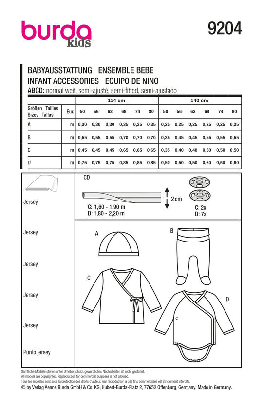 Burda Schnittmuster 9204 Babys Mütze Hose und Wickeljacke
