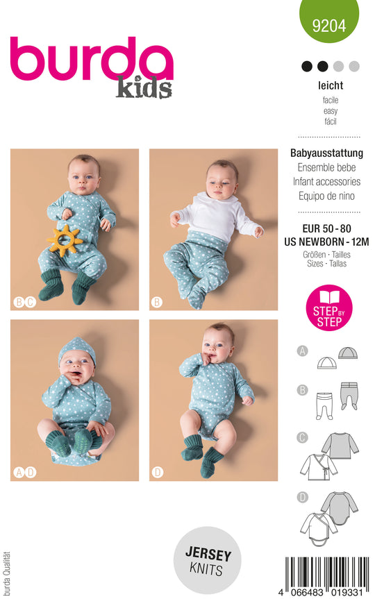 Burda Schnittmuster 9204 Babys Mütze Hose und Wickeljacke