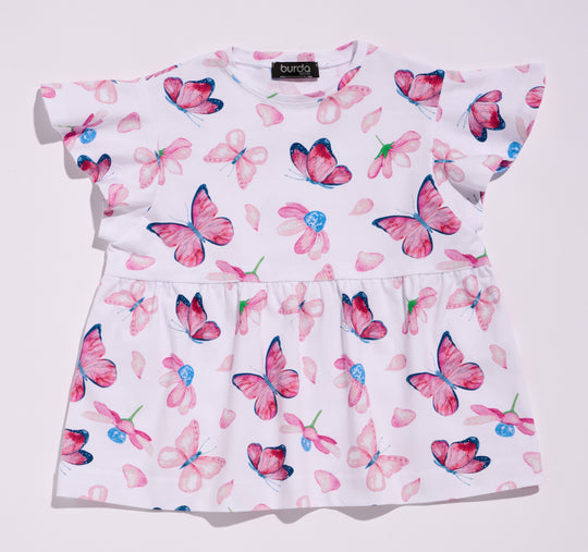 Burda Schnittmuster 9205 Mädchen Shirts mit Taschen, Rüschen und Flügelärmeln