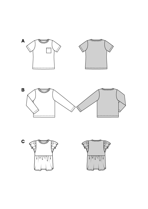 Burda Schnittmuster 9205 Mädchen Shirts mit Taschen, Rüschen und Flügelärmeln