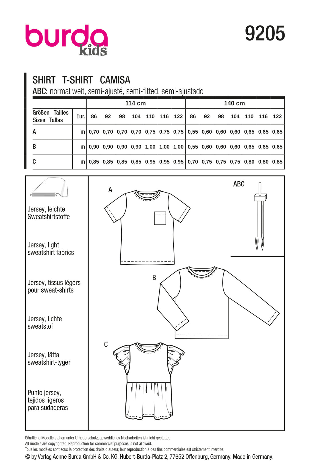 Burda Schnittmuster 9205 Mädchen Shirts mit Taschen, Rüschen und Flügelärmeln