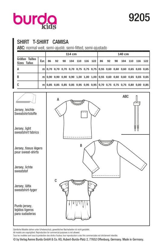 Burda Schnittmuster 9205 Mädchen Shirts mit Taschen, Rüschen und Flügelärmeln