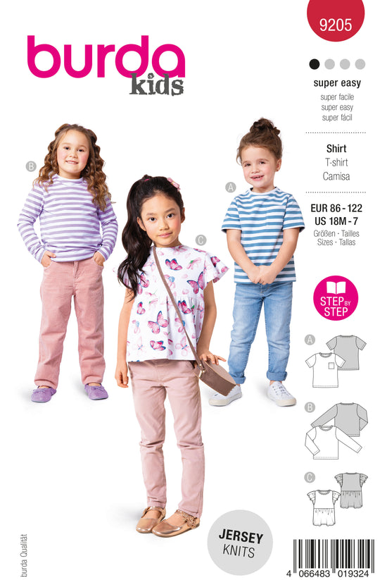 Burda Schnittmuster 9205 Mädchen Shirts mit Taschen, Rüschen und Flügelärmeln