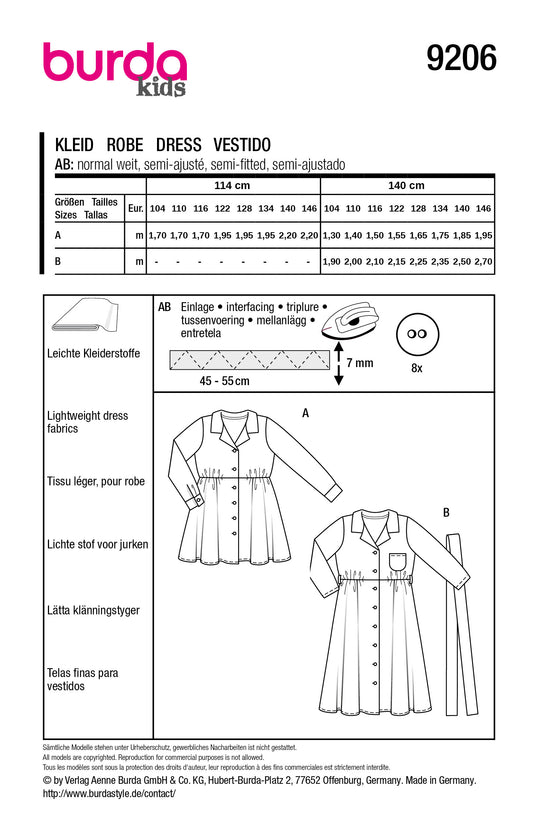 Burda Schnittmuster 9206 – Mädchen Blusenkleider in zwei Varianten