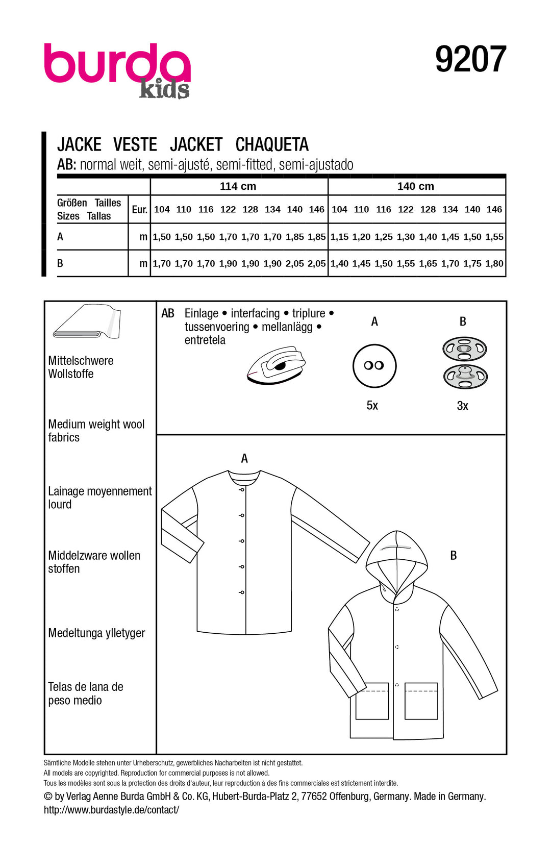 Burda Schnittmuster 9207 – Kinder Jacken & Mäntel mit Knöpfen