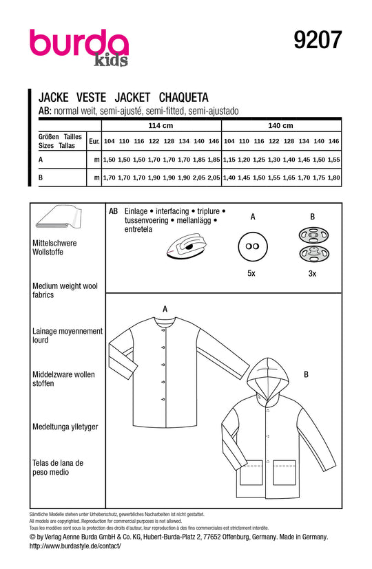 Burda Schnittmuster 9207 – Kinder Jacken & Mäntel mit Knöpfen