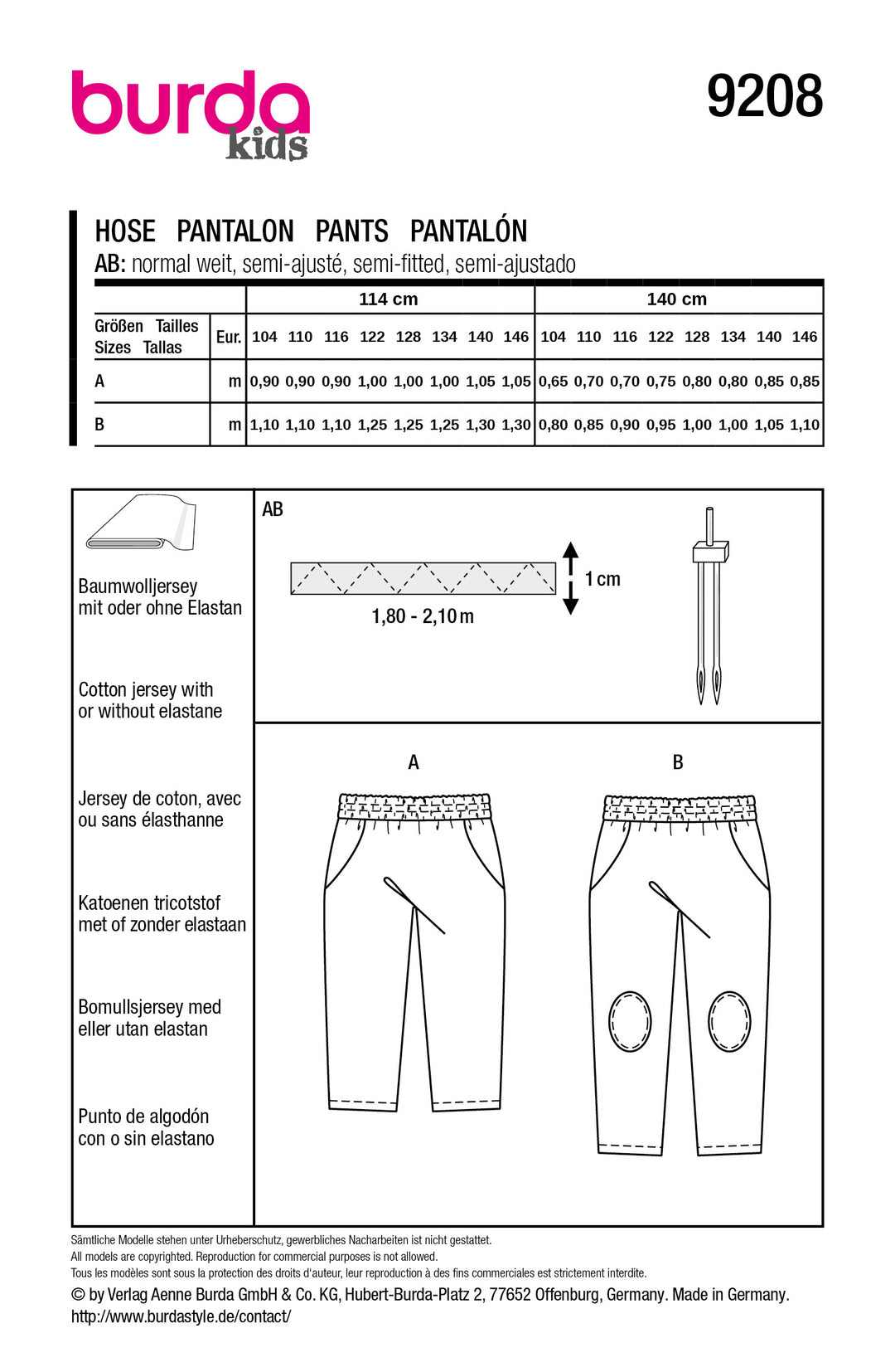 Burda Schnittmuster 9208 – Kinder Jogginghosen mit Gummibund