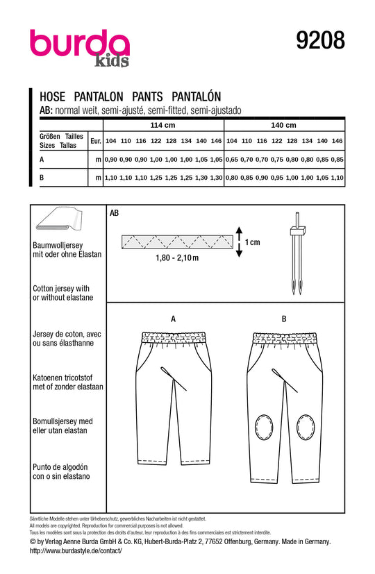 Burda Schnittmuster 9208 – Kinder Jogginghosen mit Gummibund