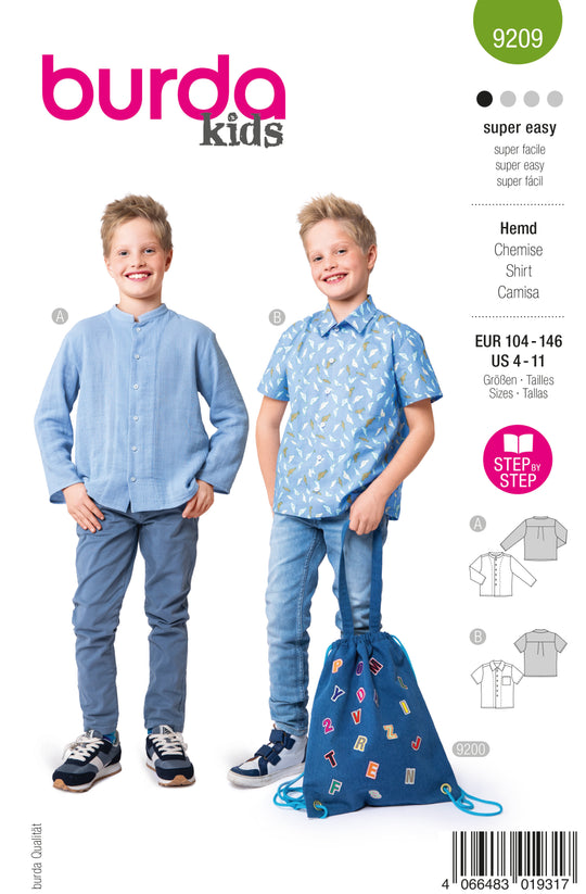 Burda Schnittmuster 9209 Jungen Hemd mit Stehkragen & Kurzarmhemd mit Brusttasche