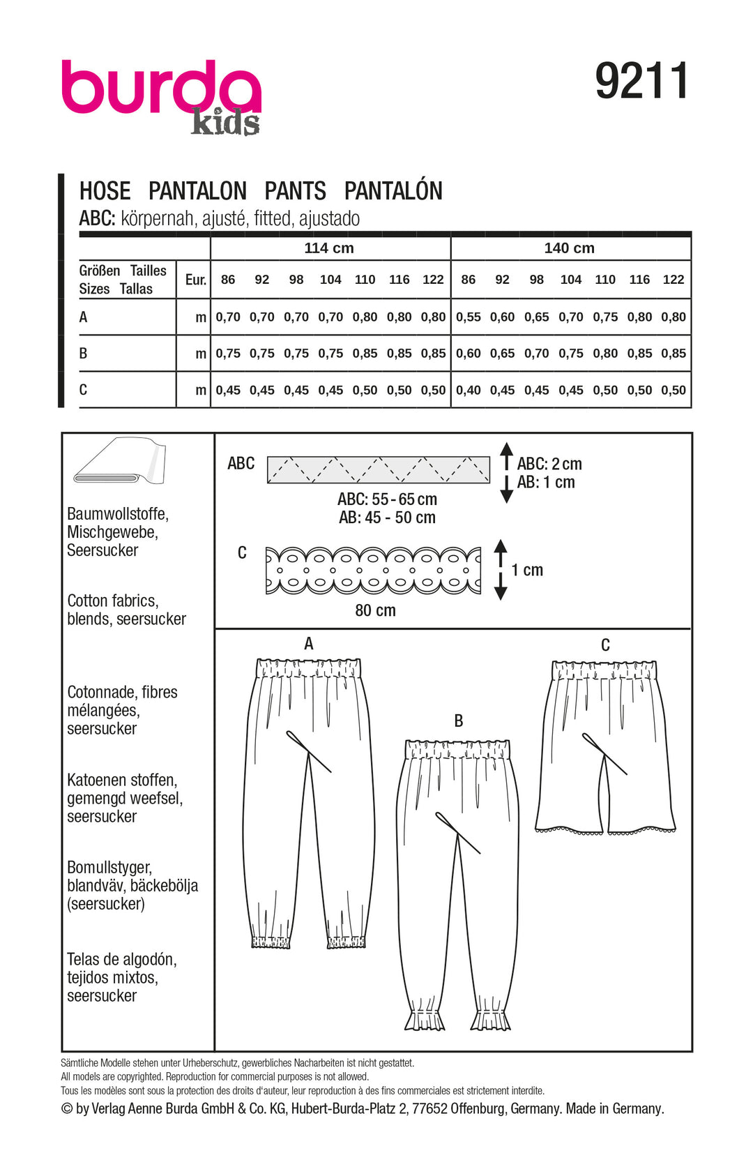 Burda Schnittmuster 9211 Kinder Jogginghose mit Gummibund, Shorts mit Borte