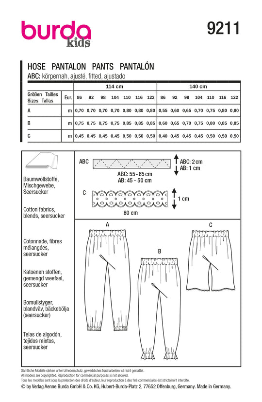 Burda Schnittmuster 9211 Kinder Jogginghose mit Gummibund, Shorts mit Borte