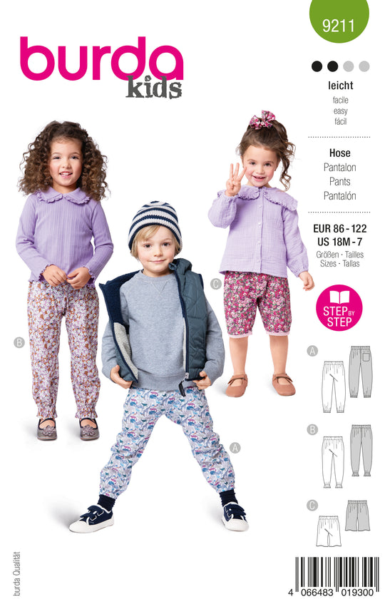 Burda Schnittmuster 9211 Kinder Jogginghose mit Gummibund, Shorts mit Borte