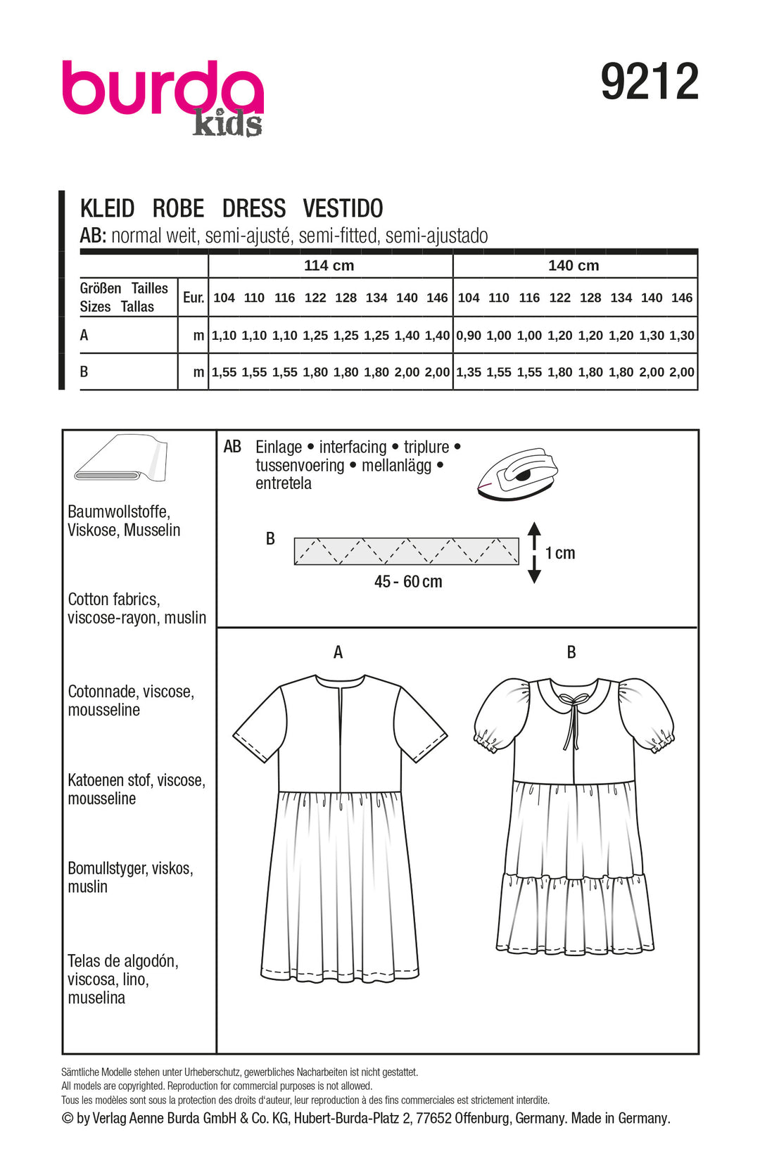 Burda Schnittmuster 9212 Mädchen Kleider mit schwingendem Rockteil, Bubikragen und Rüschen