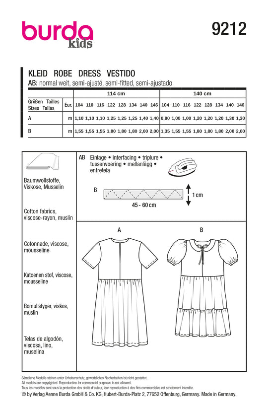 Burda Schnittmuster 9212 Mädchen Kleider mit schwingendem Rockteil, Bubikragen und Rüschen