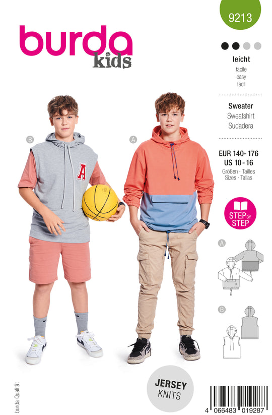 Burda Schnittmuster 9213 Kinder Hoodie mit Color-Blocking und Taschenklappen & Kapuze