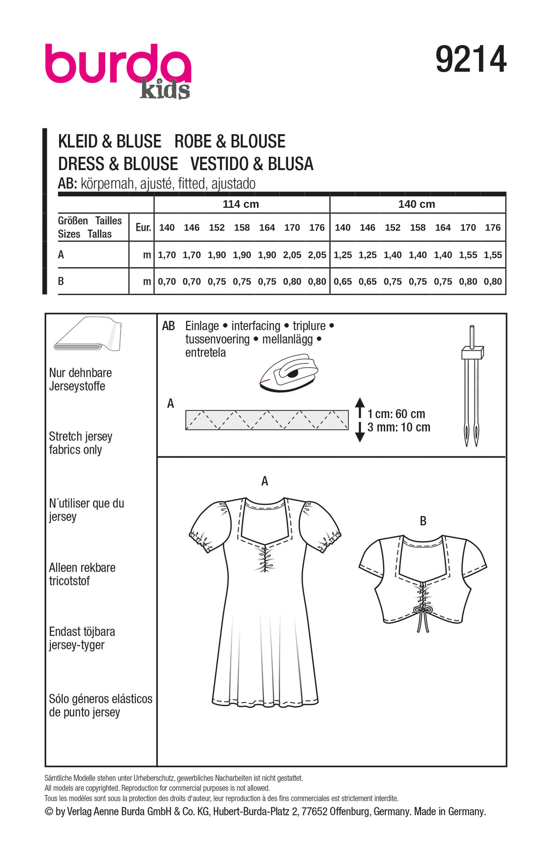 Burda Schnittmuster 9214 Mädchen Kleid mit Herzausschnitt und voluminösen Puffärmeln & Top mit Tunnelzug und Kordel