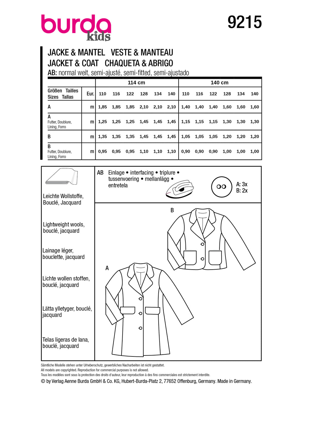 Burda Schnittmuster 9215 Jacke & Mantel