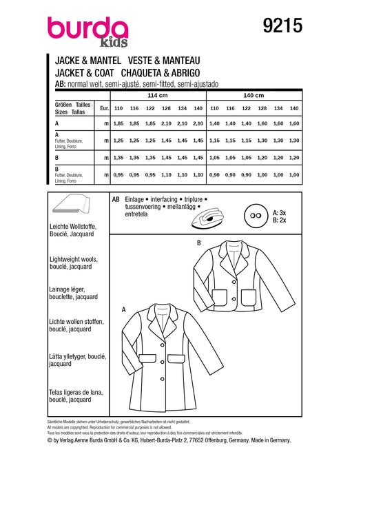 Burda Schnittmuster 9215 Jacke & Mantel