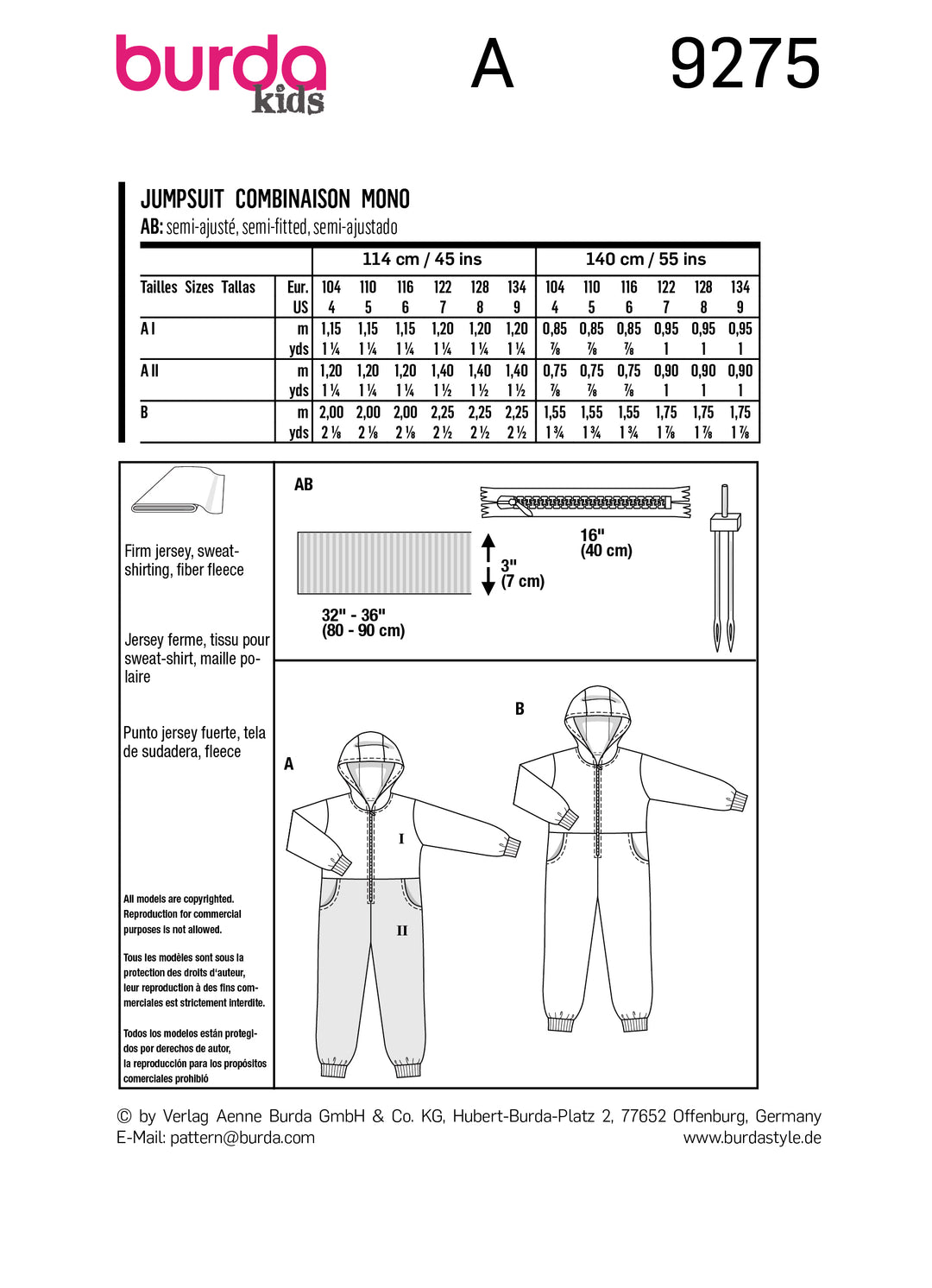Burda Schnittmuster 9275 Overall mit Kapuze