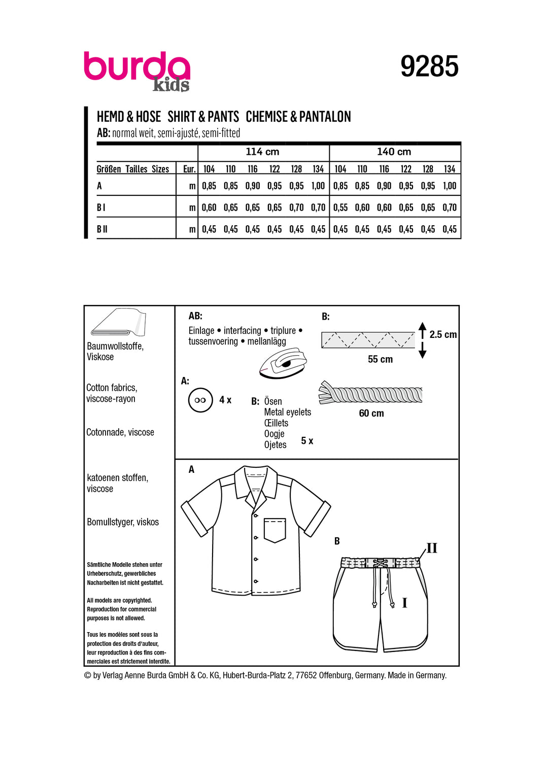 Burda Schnittmuster 9285 Hemd + Hose