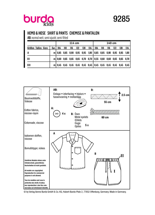 Burda Schnittmuster 9285 Hemd + Hose