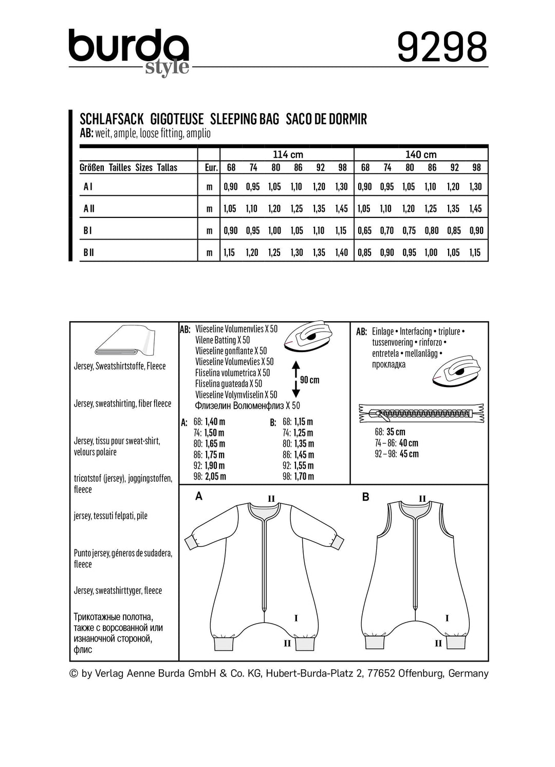 Burda Schnittmuster 9298 Baby-Schlafsack mit Ärmeln und Beinen – Schnittmuster-Online