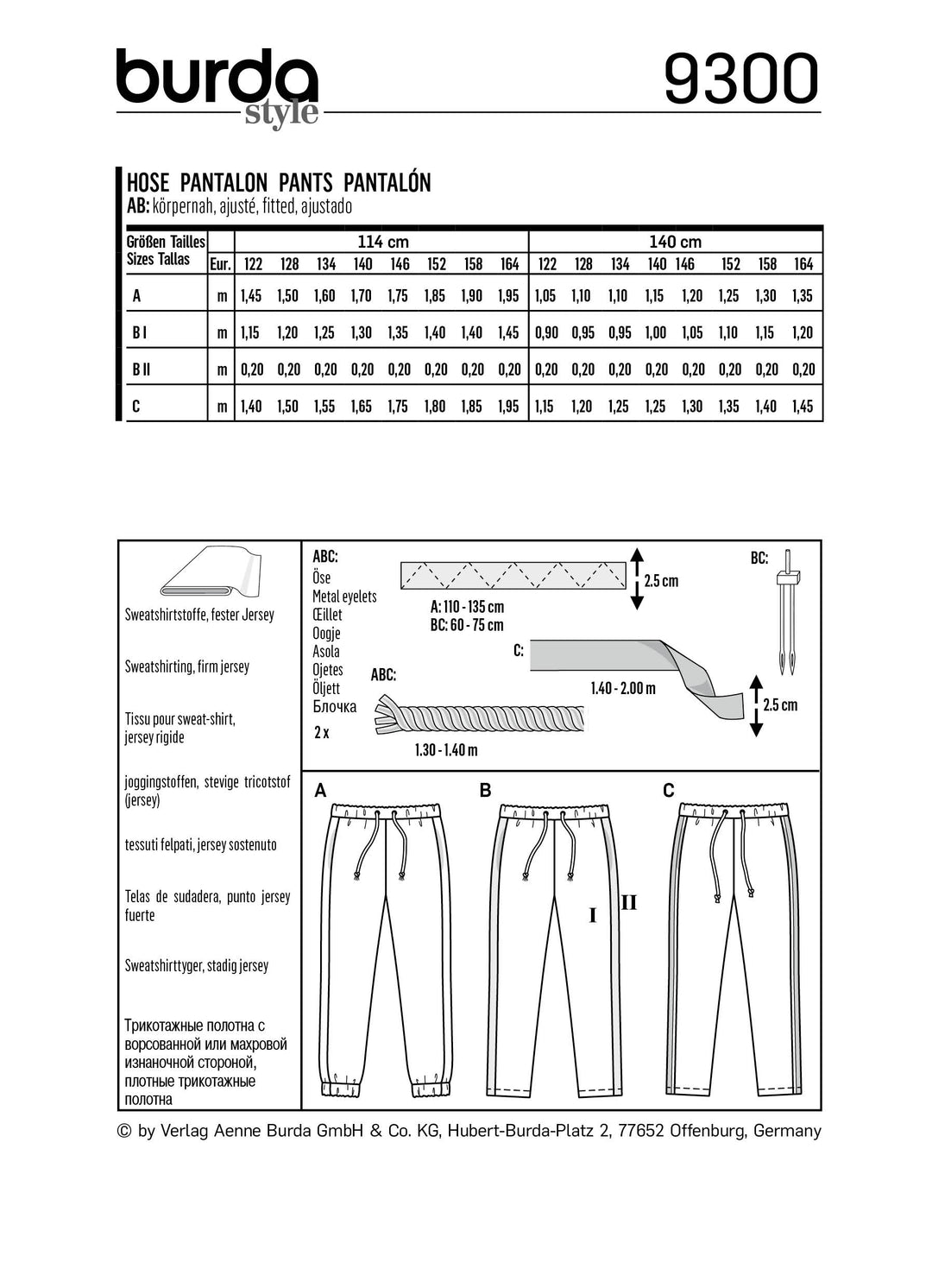 Burda Schnittmuster 9300 Kinder-Jogginghose mit Gummizug