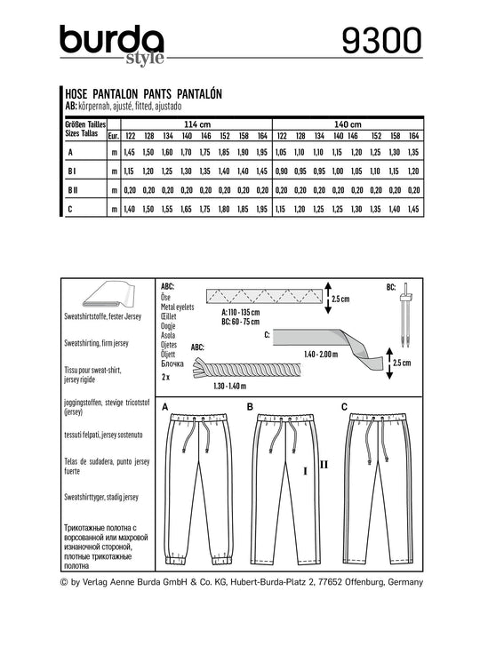 Burda Schnittmuster 9300 Kinder-Jogginghose mit Gummizug
