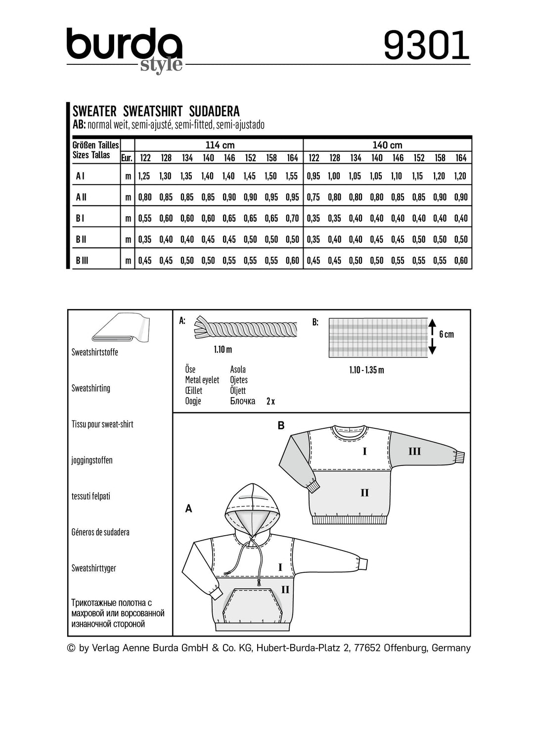 Burda Schnittmuster 9301 Kinder-Hoodie und Sweatshirt