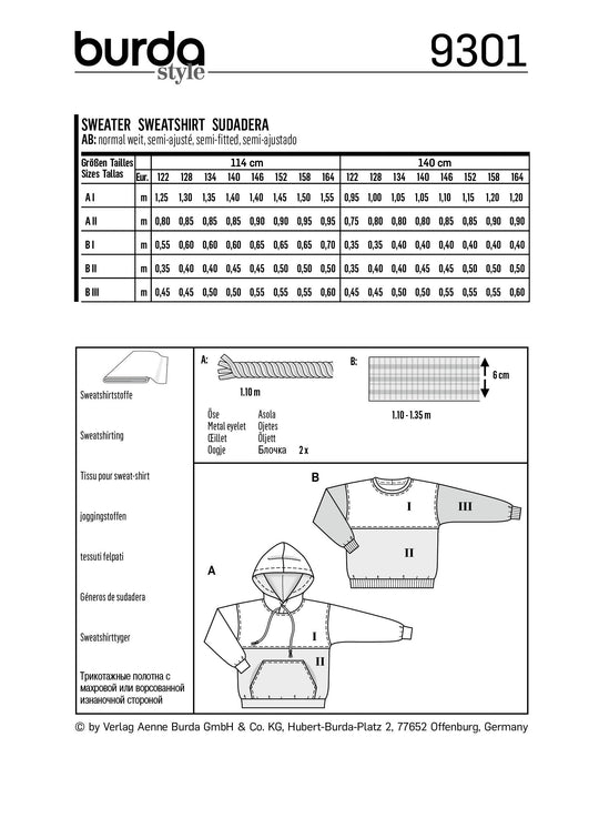 Burda Schnittmuster 9301 Kinder-Hoodie und Sweatshirt