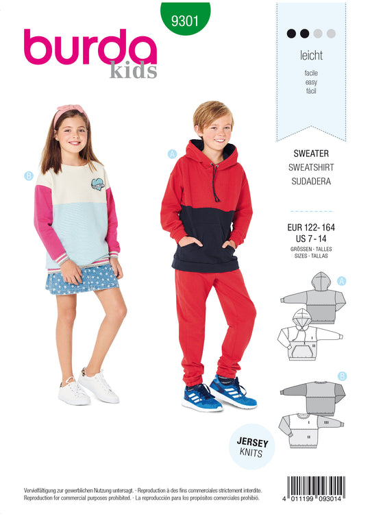 Burda Schnittmuster 9301 Kinder-Hoodie und Sweatshirt