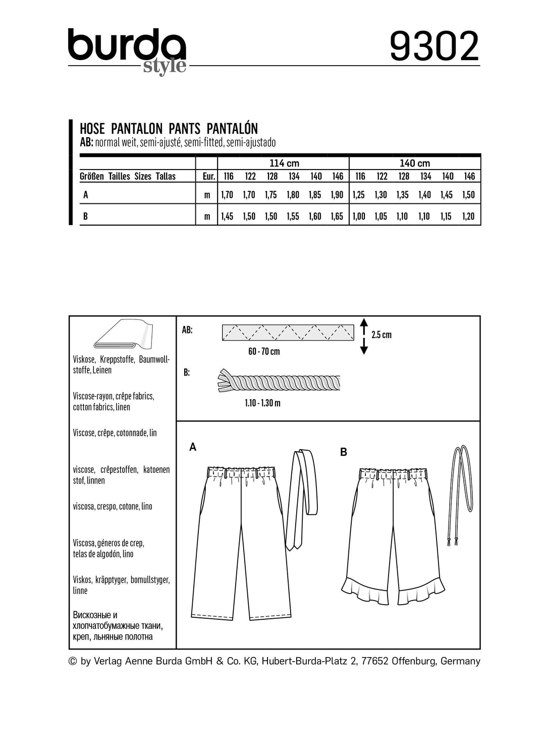 Burda Schnittmuster 9302 Mädchen-Hose mit Gummizug