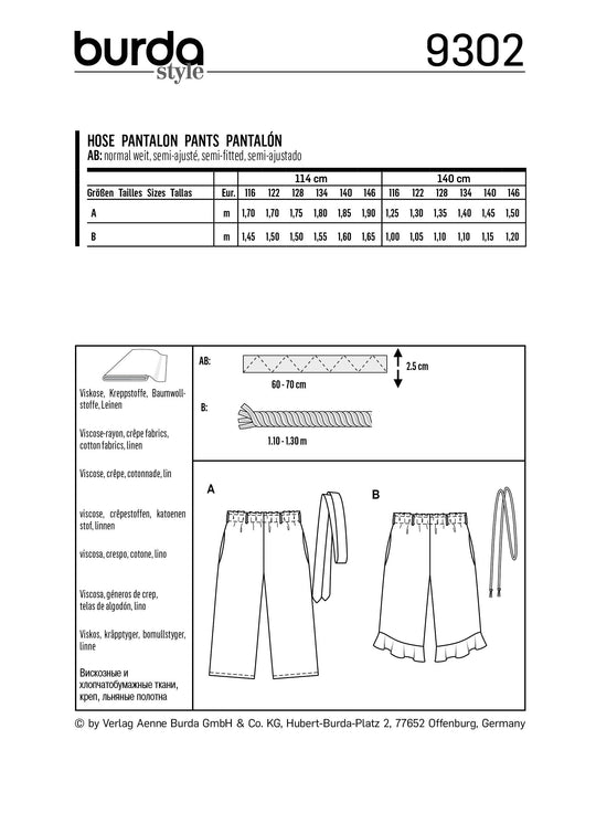 Burda Schnittmuster 9302 Mädchen-Hose mit Gummizug
