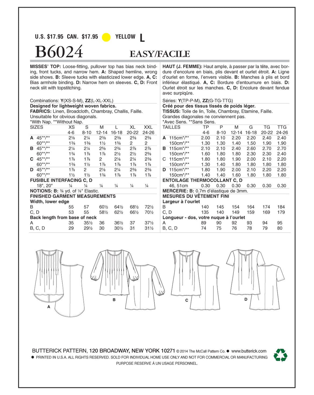 Butterick Schnittmuster B6024 – Damen Bluse in vier luftigen Varianten