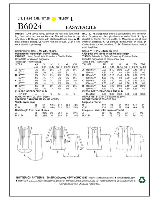 Butterick Schnittmuster B6024 – Damen Bluse in vier luftigen Varianten