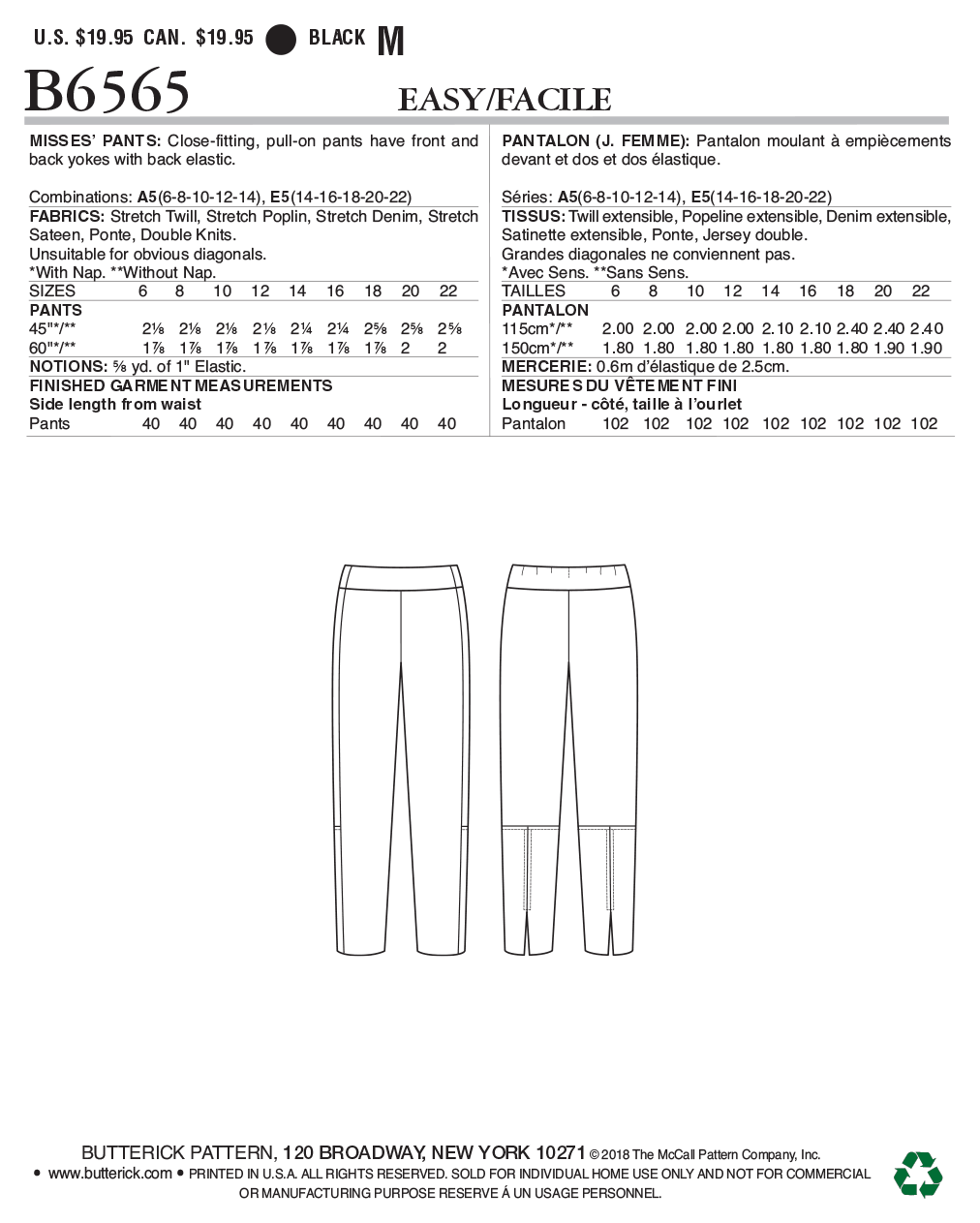 Butterick Sewing Pattern B6565 Misses' Trousers