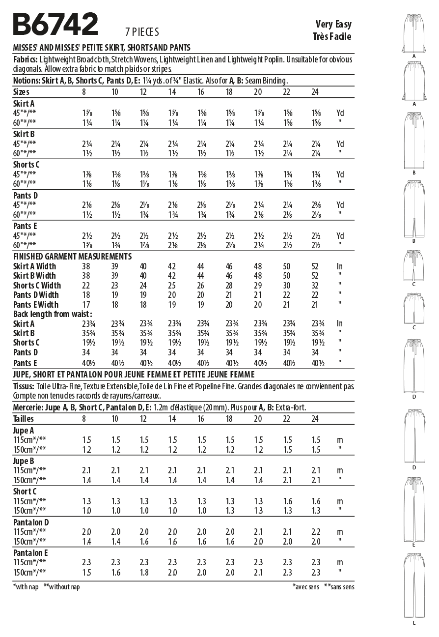 Butterick Schnittmuster B6742 Damen Rock/Hose