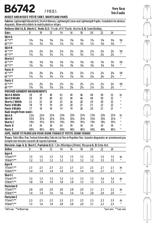 Butterick Schnittmuster B6742 Damen Rock/Hose