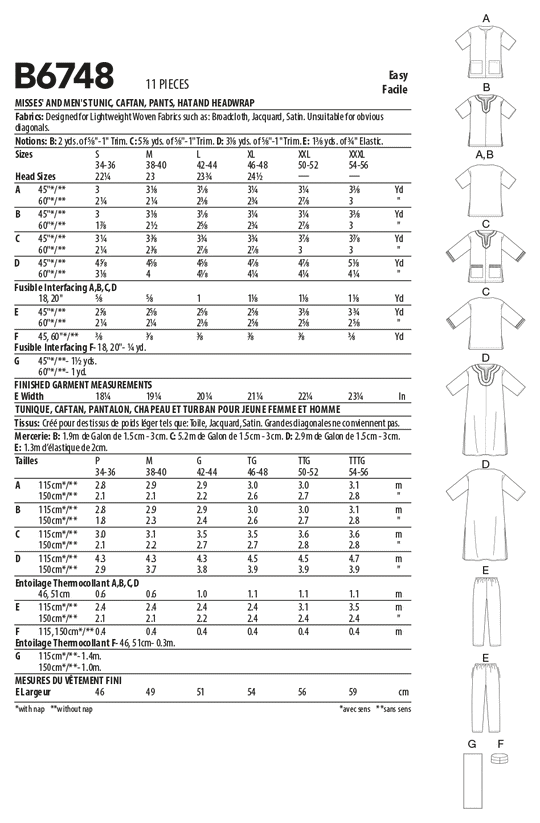 Butterick Schnittmuster B6748 Damen Tunika, Kaftan, Hose, Hut und Kopfbedeckung