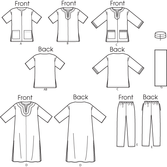 Butterick Schnittmuster B6748 Damen Tunika, Kaftan, Hose, Hut und Kopfbedeckung