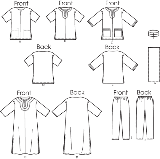 Butterick Schnittmuster B6748 Damen Tunika, Kaftan, Hose, Hut und Kopfbedeckung