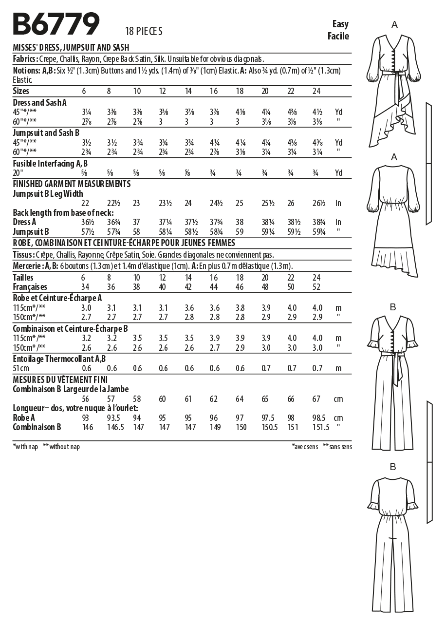 Butterick Schnittmuster B6779 – Damen Kleid & Jumpsuit mit V-Ausschnitt