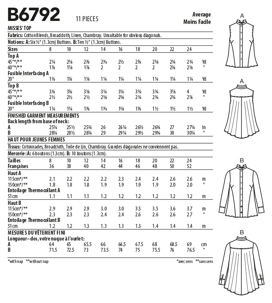 Butterick Sewing Pattern B6792 – Misses' Top with Button Placket