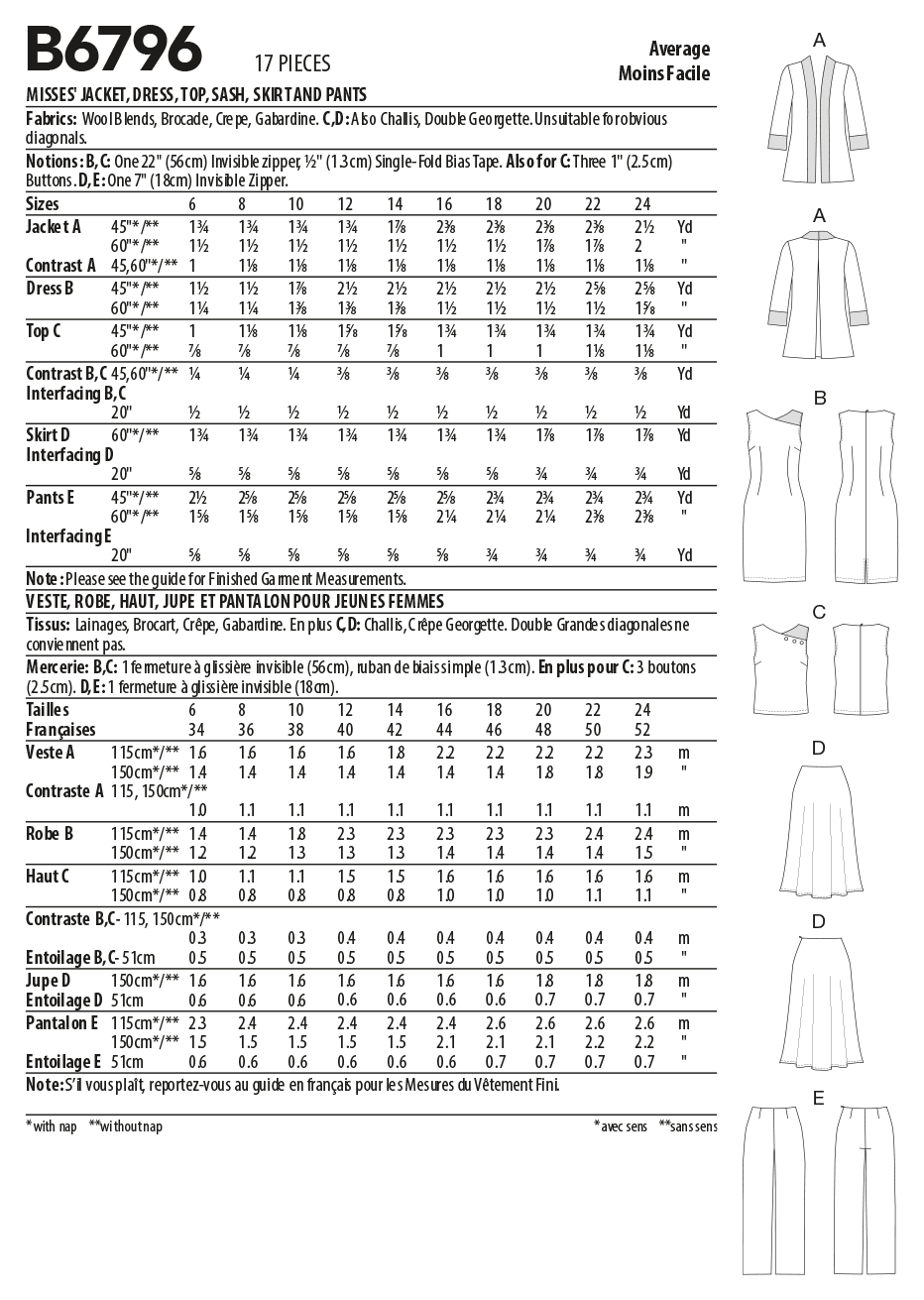 Butterick Schnittmuster B6796 Damen Jacke, Kleid, Top, Hose, Rock