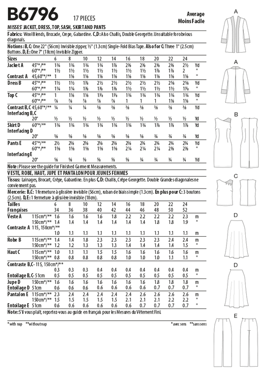 Butterick Schnittmuster B6796 Damen Jacke, Kleid, Top, Hose, Rock