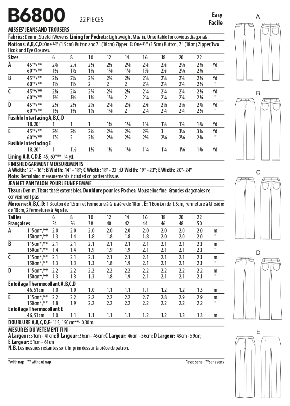 Butterick Schnittmuster B6800 Damen Hose