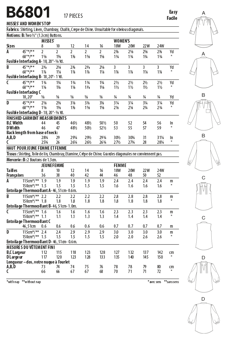 Butterick Schnittmuster B6801 Damen Top