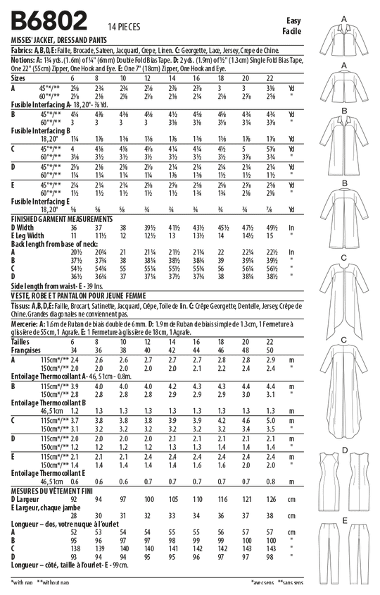 Butterick Schnittmuster B6802 Damen Jacke, Kleid und Hose